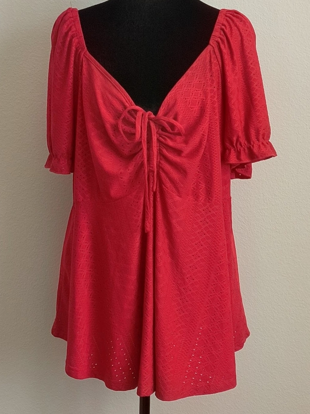 SHEIN Red Tie-Front Puff Sleeve Blouse